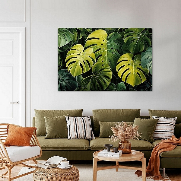 Groen gele monstera bladeren - Sfeer aan de Muur