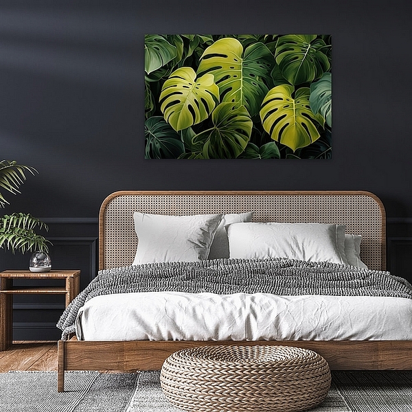 Groen gele monstera bladeren - Sfeer aan de Muur
