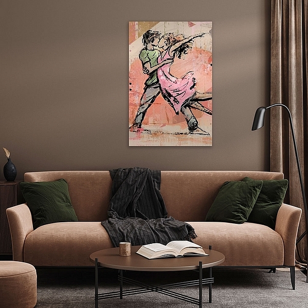 Dansend koppel - mixed media schilderij in roze groen en beige